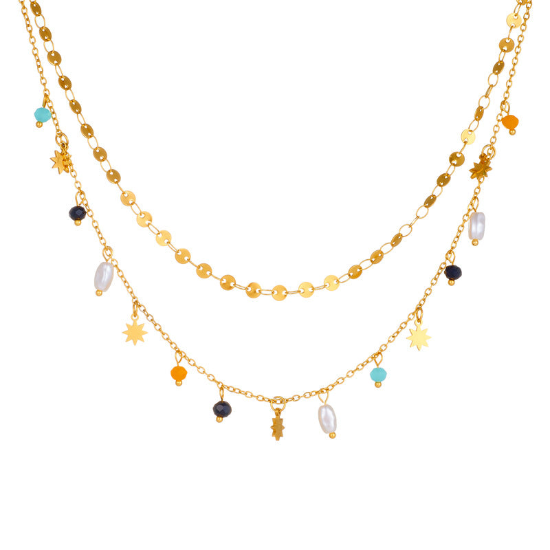 Pearl Eight Awn Star Pendant Double Layer Twin Necklace