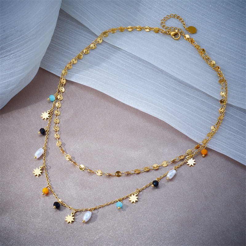 Pearl Eight Awn Star Pendant Double Layer Twin Necklace