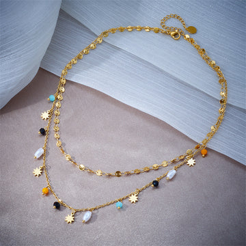 Pearl Eight Awn Star Pendant Double Layer Twin Necklace